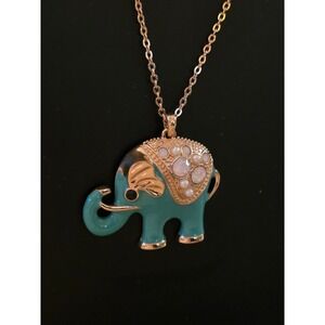 Avon Vintage Elephant Necklace Gold Tone Blue Enamel Rhinestone Pendant